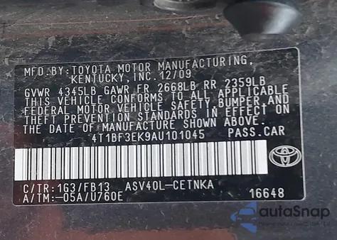 2010 Toyota Camry Le z USA, uszkodzony, nr VIN 4T1BF3EK9AU101045